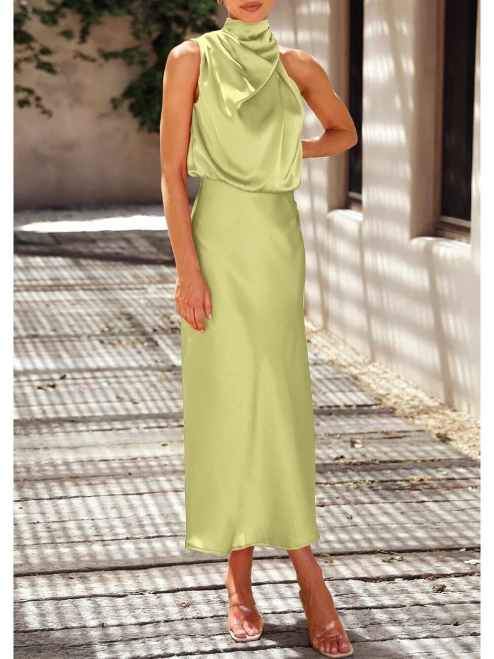 Women's Tender Green Summer Satin Dress Elegant Sleeveless Mock Neck Maxi Dress - Picture 4 of 6